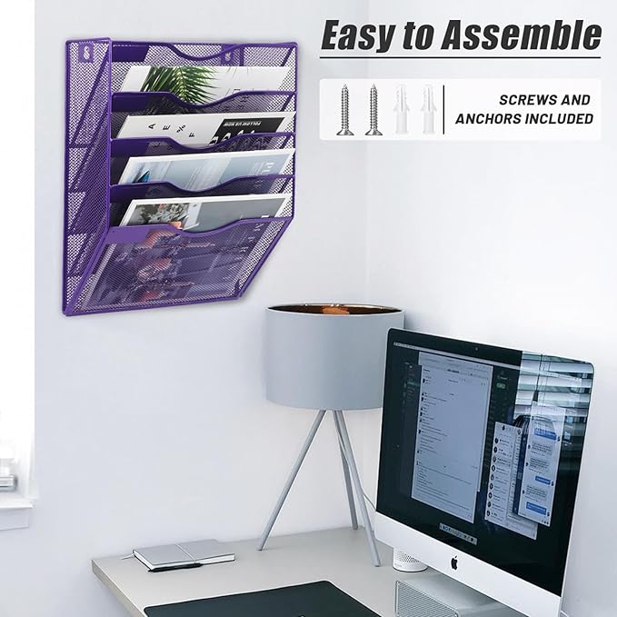 EASEPRES 5 Pocket Mesh Hanging Wall File Organizer, Wall Mounted Mail Paper Document Folder Holder, Clipboard Storage Organization Magazine Rack with Nametag Label for Office Home School, Purple-DeskLoop Office