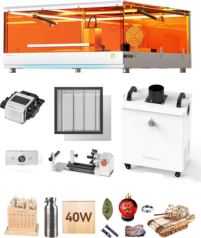TOOCAA 40W Lazer Engraving Machines with 5 in 1 Rotary Roller Set, Fume Extractor, Smart HD Camera, Air Assist, Honeycomb Panel, Laser Cutter and Engraver Machine for Tumblers Wood Metal Acrylic-DeskLoop Office