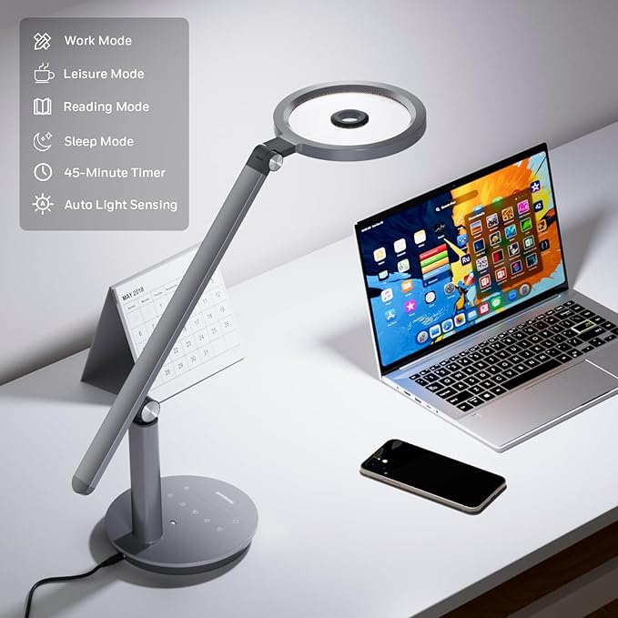 Honeywell Desk Lamp for Home Office, H6 Sunturalux™ Eye-Caring Led Desk Light, 800LM Dimmable Desk Lamp with Timer, Touch Control Tall Desk Reading Light, Table Lamp for Circle Webcam, Study, Bedroom-DeskLoop Office