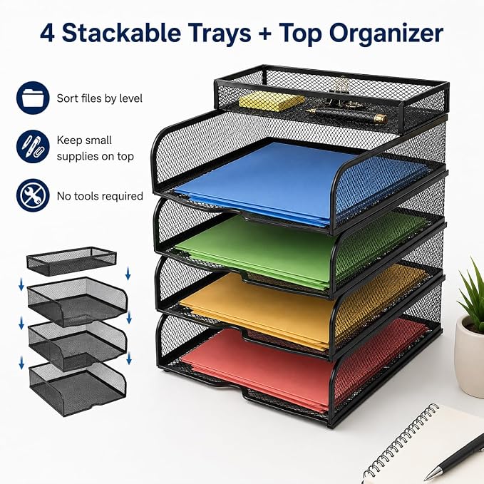 SUPEASY 4-Tier Black Metal Mesh Desk Organizer, Stackable Letter Tray and Paper - Image 6
