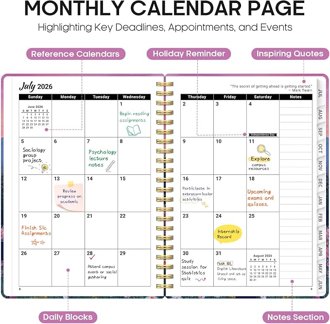 Planner 2026–2027, Academic Monthly Weekly Spiral Calendar, July 2026 – June - Image 2