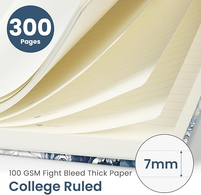 Lined Spiral Notebook Journal for Work, 300 Pages Thick B5 (7.1"x10") College Ruled Journal for Women & Writing, Hardcover Notebook for Note Taking, Perfect for Office Home School, Blue Floral-DeskLoop Office