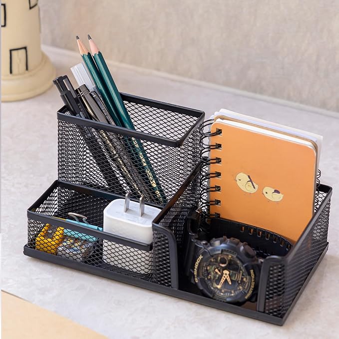 Pen Holder Mesh Metal Pencil Holder Desk Organizers Black for Desk Office with 3 Compartments Pencil Holders,Desktop Storage Caddy Organization,Suitable for School, Home,Black-DeskLoop Office