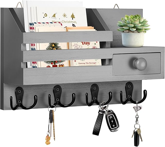 Key Holder Wall Mount, Wooden Adhesive Mail and Key Organizer by HOMEBROS