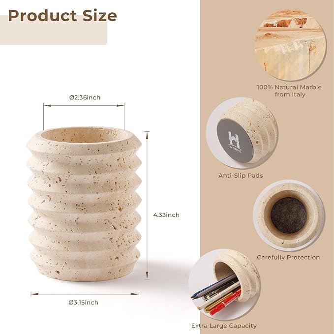 Pen Holder Stand for Desk, Natural Travertine Stone Makeup Brush Holders - Image 2