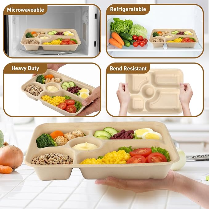 60Pack 5 Compartment Disposable Paper Plates - Image 4