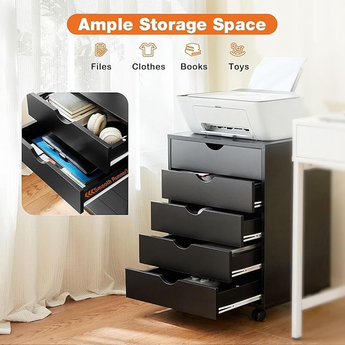 5 Drawer Chest, Dressers Storage Cabinets Wooden Dresser Mobile Cabinet with Wheels Room Organizer, Small Drawers Wood Organization Furniture for Office, Home-DeskLoop Office