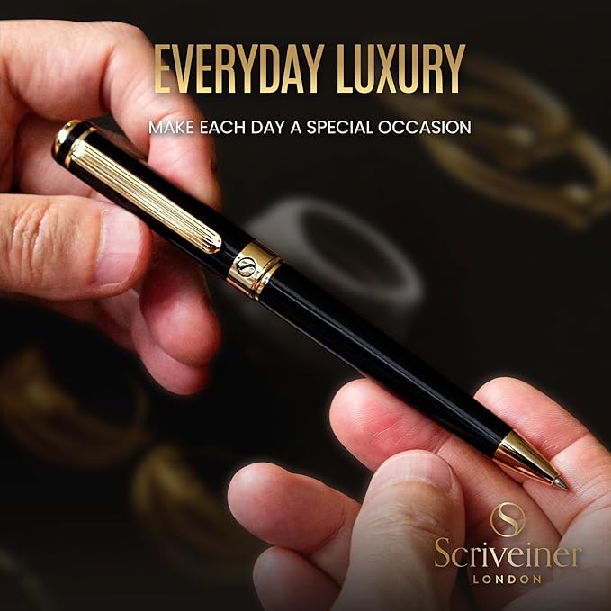 Scriveiner Black Lacquer Ballpoint Pen -Stunning Luxury Pen, Real Gold Plating, Schmidt Black Refill, Best Gift Set for Men & Women, Professional Executive Office, Nice Fancy Designer Pens-DeskLoop Office