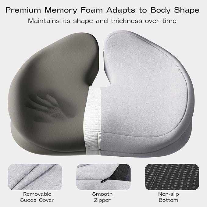 Seat Cushions for Office Chairs - Patented Extra Large Seat Cushion 21.2" W x 16.5" L - Memory Foam Seat Cushion for Tailbone Pain Relief, Sitting Pressure Relief (Light Grey)-DeskLoop Office