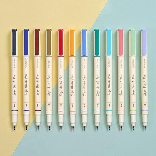 WRITECH Arts Sign Brush Pen Brush Tip Marker Felt Tip Water Based Ink Color Pens 12 Assorted Pastel Colors Great for Lettering, Journaling, Calligraphy (Natural)-DeskLoop Office