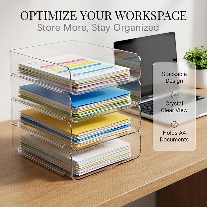 DCA 4 Tier Clear Desk Organizer, Stackable Paper Tray, Acrylic File Holder - Image 4