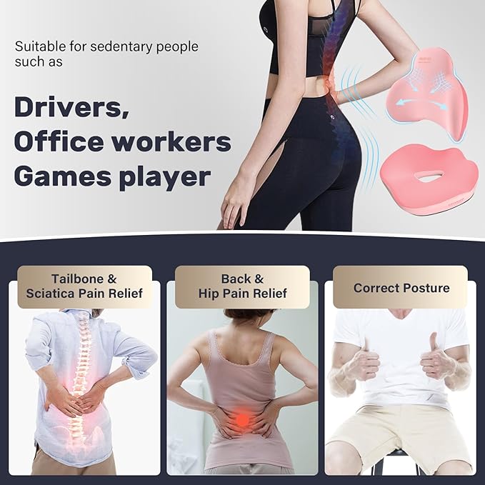 Coverado Seat Cushion and Lumbar Support Pillow for Car Office Chair, Ergonomic Memory Foam Desk Chair Cushion Back Support Pillow, Sciatica & Back & Tailbone Pain Relief Cushion-Pink-DeskLoop Office