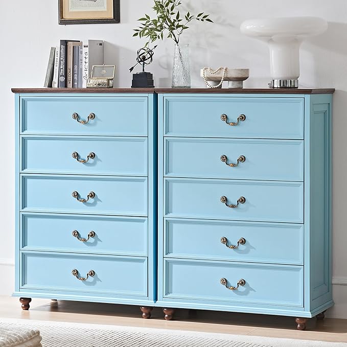 Farmhouse 5 Drawer Dresser Set of 2 for Bedroom, 45" Tall Vintage Chests of Drawers w/ 4 Solid Wood Feet, Mid Century Rustic Closet Storage Dressers Organizer for Living Room, Light Blue-DeskLoop Office
