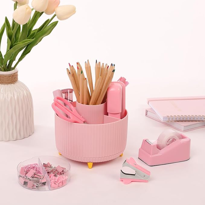 SKYDUE Pink Desk Accessories 10Pcs, Rotating Pen Holder - Image 7