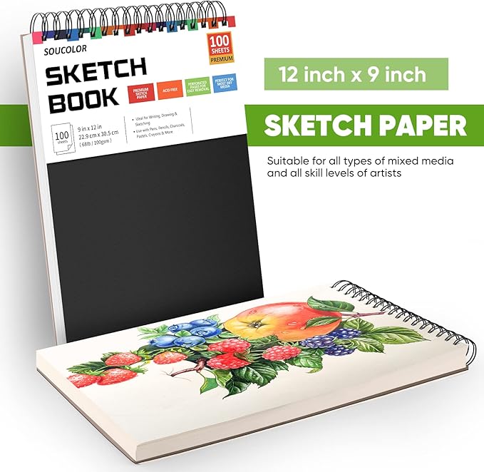 Soucolor 9" x 12" Sketch Book, 1-Pack 100 Sheets Spiral Bound Art Sketchbook, (68lb/100gsm) Acid Free Artist Drawing Book Paper Painting Drawing Writing Sketching Pad for Kids Adult Teens Girls Boys-DeskLoop Office
