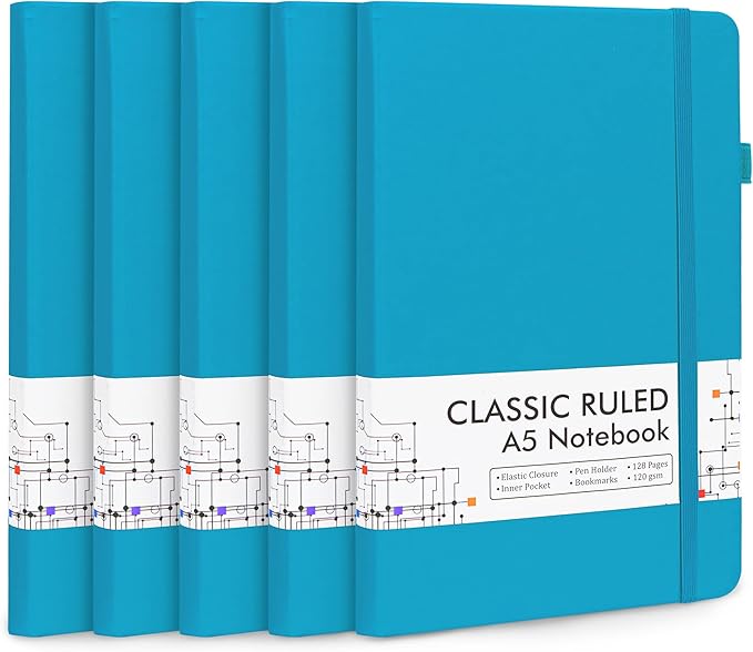 5 Pack Journal Notebook Bulk for School, Feela Hardcover Business Notebooks Classic Ruled Lined Journals with Pen Holder for Work Note Taking, with 5 Black Pens, 120 GSM, 5.1”x8.3”, A5, Teal-DeskLoop Office