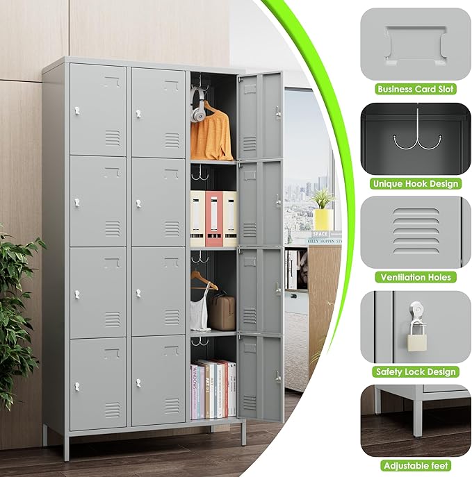 Metal Lockers for Employees with 12 Door & Hooks,Metal Storage Locker with Lock and Card Slot for School Office Garage Gym Bedroom Home,Assembly Required,12 Doors Light Grey-DeskLoop Office