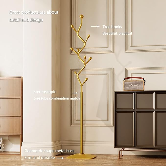 Tree-shaped coat rack stand,Metal coat tree with 8 Hooks and sturdy cast iron base,Heavy Duty coat rack freestanding coat hanger stand for Clothes Hats Scarfs Purses (gold)-DeskLoop Office