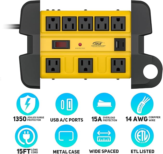 Heavy Duty Surge Protector Power Strip with USB-C Ports, CRST 8-Outlet Metal Industrial Power Block with 15A Circuit Breaker, 15ft Extension Cord, 1350 Joules for Workshop, Garage, Office, Shop…-DeskLoop Office