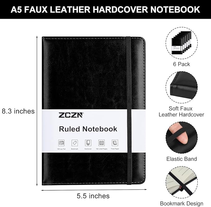 ZCZN Lined Journal Notebooks for Work, 5.5x8.3 in, 192 Pages, Hardcover Leather A5 Journals for Writing, Diary & Travel, College Ruled Journaling Notebooks for School, Office, Home (Black*6)-DeskLoop Office