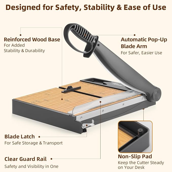Firbon 12-Inch Wood Base Guillotine Paper Cutter, Heavy Duty 30-Sheet Capacity - Image 4