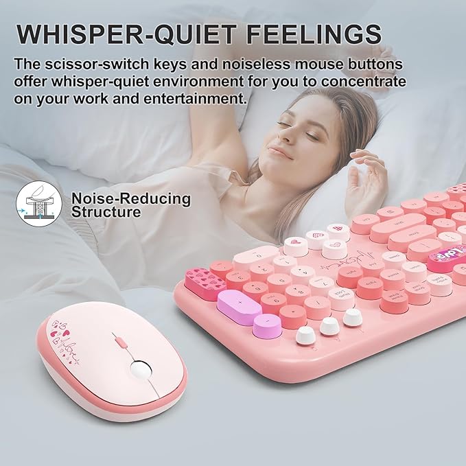 Wireless Keyboard and Mouse Combo, 104 Round Keys Full-Size Cute Colorful Pink Cordless Keyboard and Mouse with Retro Typewriter for PC/Mac/Laptop/Tablet/Computer/Windows Pink-DeskLoop Office