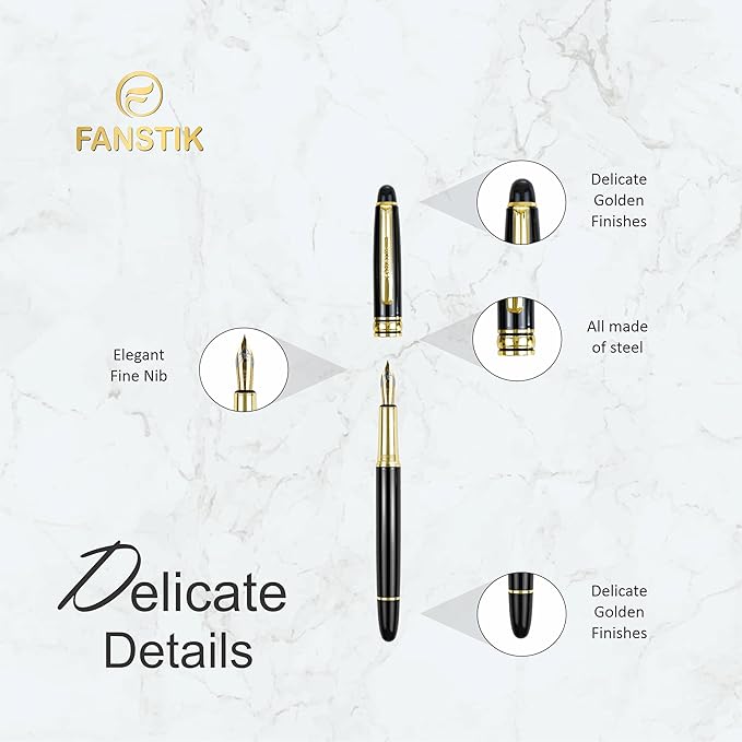 Customized Fountain pen with name (MADE IN USA), stainless steel, black and gold, luxury engraved pen personalized for men and for women. (Fountain Black-Gold)-DeskLoop Office