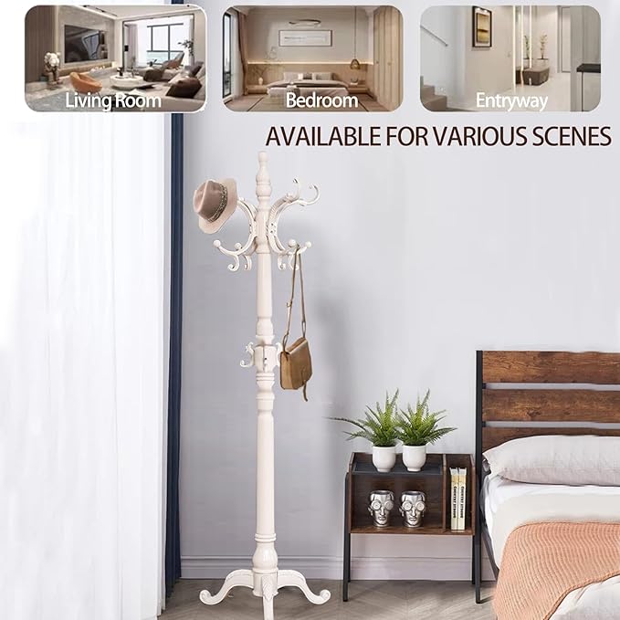 Wooden Coat Racks, Retro 78" Coat Tree with 12 Hooks & Stable Triangular Base, Entryway Coat Rack Freestanding for Hat, Clothes, Scarves, Handbags, Umbrella (Ivory)-DeskLoop Office