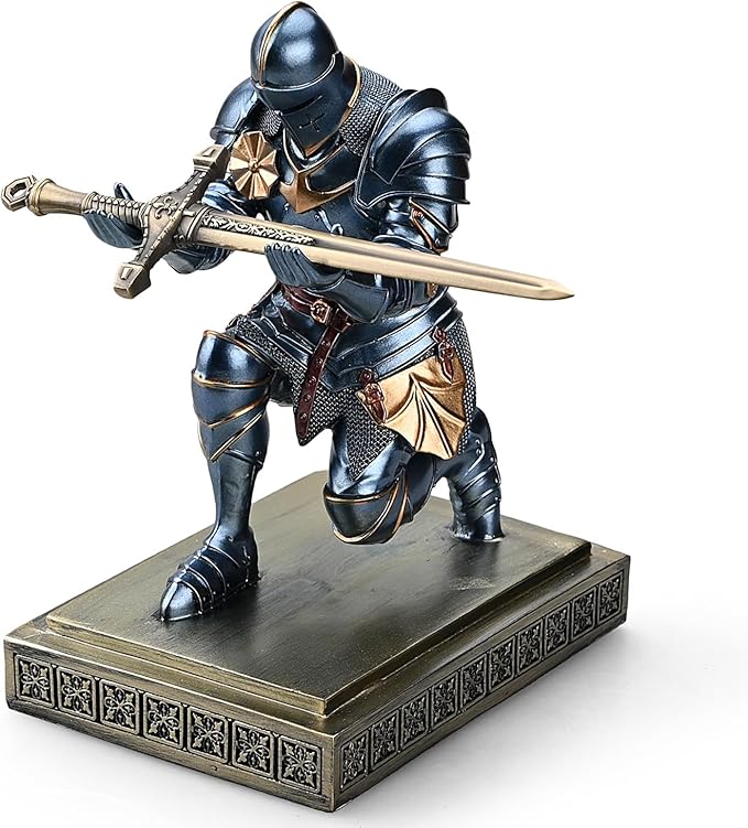 Medieval Armored Warrior Knight Pen Holder Desk Organizers and Accessories Resin Pencil Holder Paperweight as Gift with a Cool Letter Opener for Desk (Blue)-DeskLoop Office