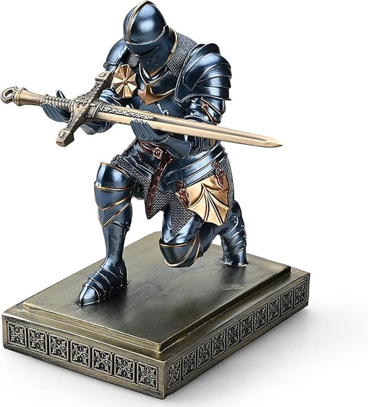 Medieval Armored Warrior Knight Pen Holder Desk Organizers and Accessories Resin Pencil Holder Paperweight as Gift with a Cool Letter Opener for Desk (Blue)-DeskLoop Office
