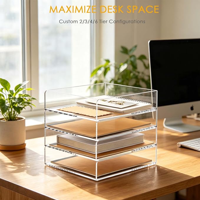SANRUI 4 Tier Stackable Acrylic Letter Tray, 5mm Thick Clear Desk File Organizer - Image 4