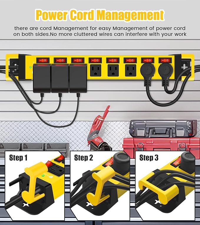 Heavy Duty Power Strip with Individual Switches,8 Outlets 14 Gauge Industrial Shop Garage Metal Multiple Outlets,1200J Surge Protector Mountable Power Strip,10FT Extension Cord Management(Yellow)-DeskLoop Office