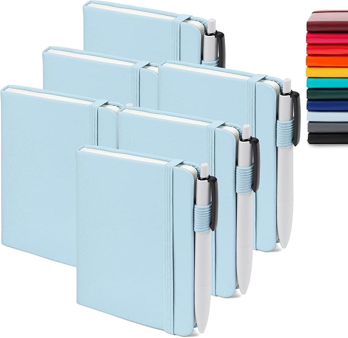 feela 6 Pack Pocket Small Notebooks Bulk, Mini Cute Memo Notepads Hardcover College Ruled Lined Journals with Pen Holder for Women Girls Office School, with 6 Black Pens, 3.5”x 5.5”, A6, Light Blue-DeskLoop Office
