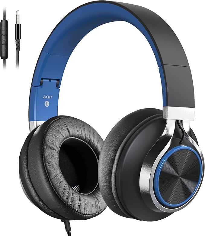 AC01 Over-Ear Headphones Wired, Passive Noise Isolating Corded Stereo Headsets with Mic Volume Control for Adults Teens 3.5mm for Chromebooks, Laptop, Computer, Tablets, Travel (Black Blue)
