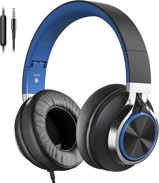 AC01 Over-Ear Headphones Wired, Passive Noise Isolating Corded Stereo Headsets with Mic Volume Control for Adults Teens 3.5mm for Chromebooks, Laptop, Computer, Tablets, Travel (Black Blue)