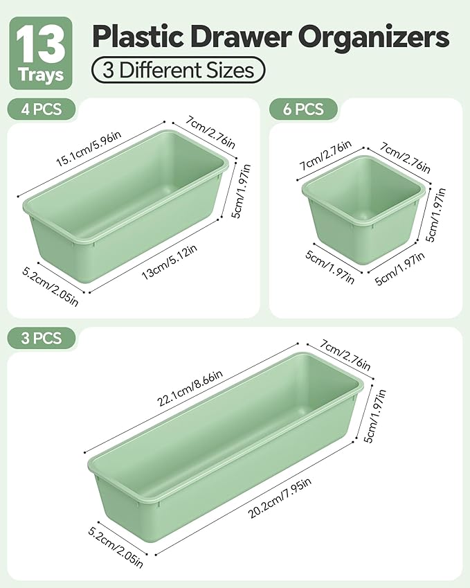 Canfanni 13 Pack Plastic Drawer Organizers Set, 3 Sizes Desk Drawer Organizer - Image 2