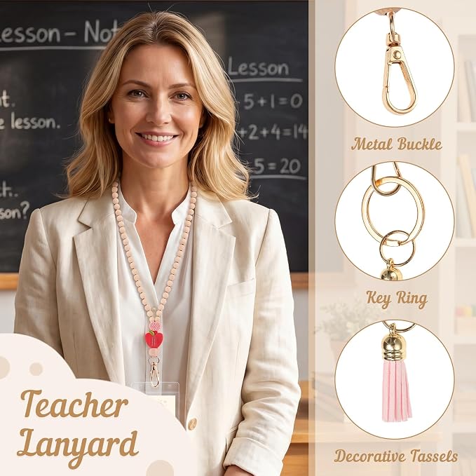 Teacher Lanyard with ID Holder Cute Wooden Beaded Lanyards - Image 4