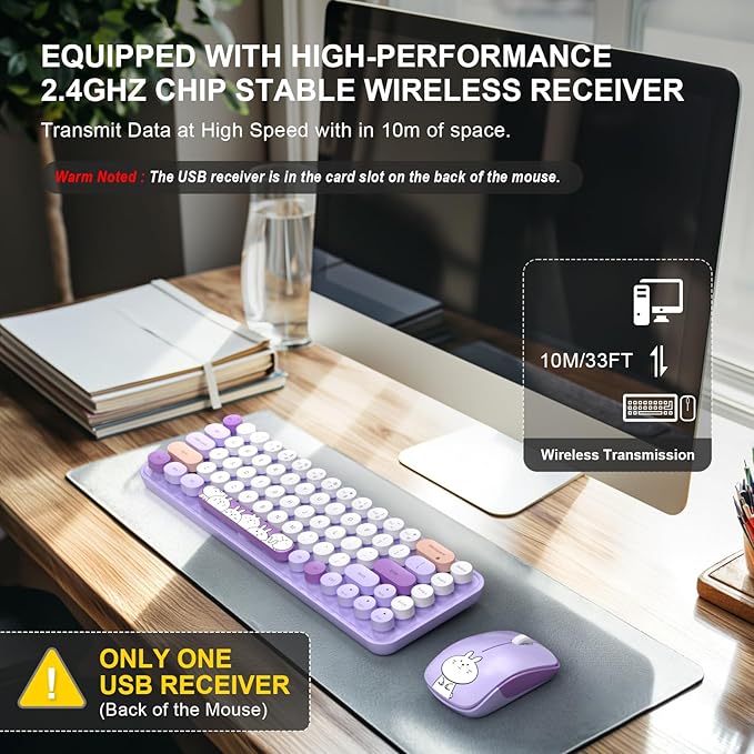 FOPETT Wireless Keyboard and Mouse Cute Mouse and Keyboard 2.4G Wireless Keyboards with Colorful 68 Keys Typewriter Retro Round Keycap for PC, Laptop,Tablet,Computer Windows - Purple Colorful-DeskLoop Office