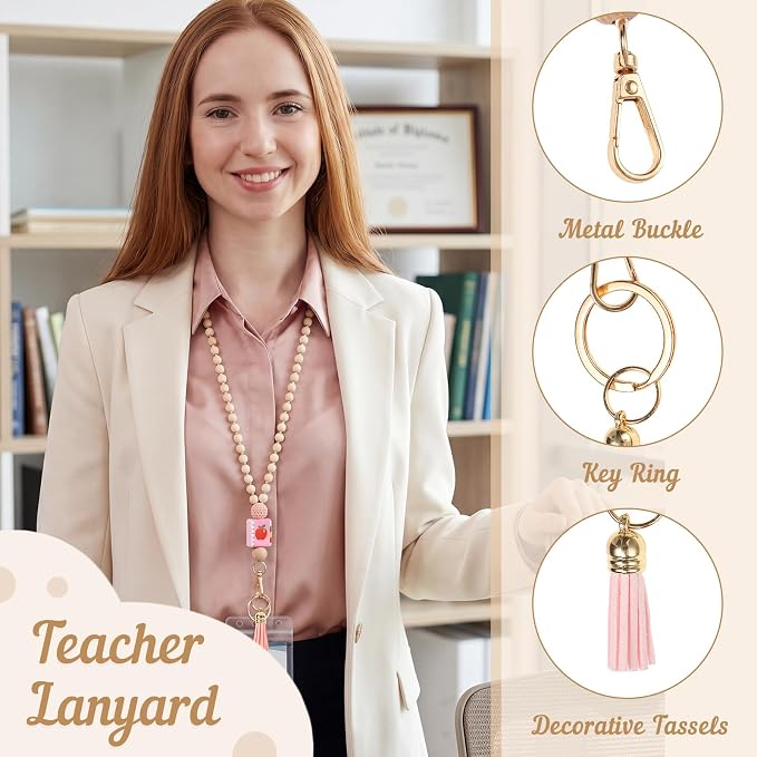Teacher Lanyard with ID Holder Cute Wooden Beaded Lanyards - Image 3