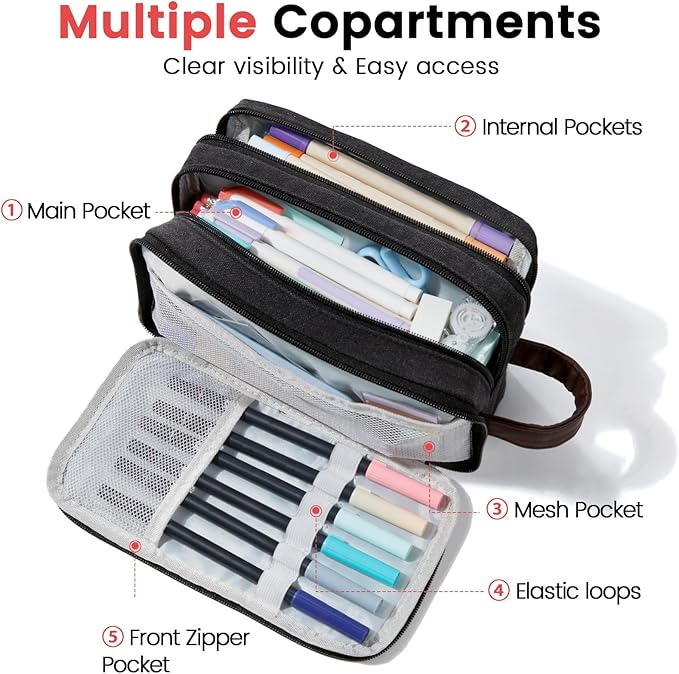 Sooez Large Pencil Case Pouch, Extra Big Pencil Pouch Pencil Bag with PU Handle & Zipper, Sturdy Pen Case with 3 Compartments, Aesthetic School College Supplies Organizer for Men Women Boys, Pink-DeskLoop Office