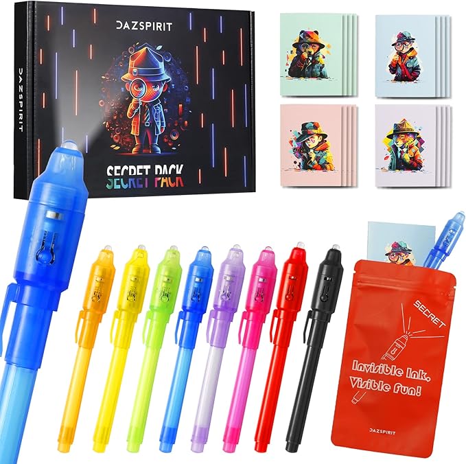 8Pcs Invisible Ink Pen Set with UV Light, Mini Notepads & Favor Bags, Magic Pen Disappearing Ink, Spy Pens for Kids, Fun Party Favors for Kids 8-12, Detective & Escape Room Themes-DeskLoop Office