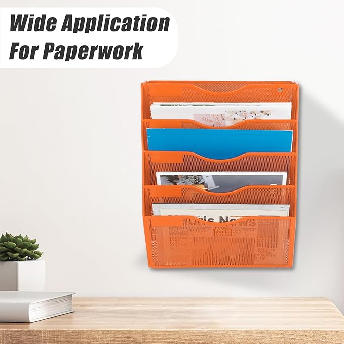 EASEPRES 5 Pocket Mesh Hanging Wall File Organizer, Wall Mounted Mail Paper Document Folder Holder, Clipboard Storage Organization Magazine Rack with Nametag Label for Office Home School, Orange-DeskLoop Office