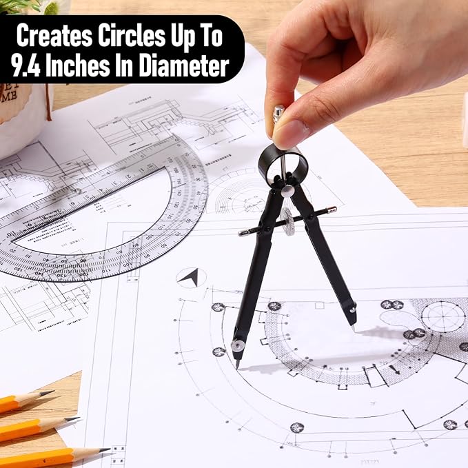 EBOOT Student Geometry Math Set, Drawing Compass and 6 Inch Clear Swing Arm Protractors 180 Degree Math Protractor (Black and Black)-DeskLoop Office