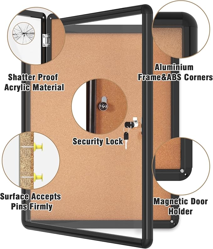 26"x20" Enclosed Bulletin Board, Lockable Weather-Resistant Aluminum Cork Noticeboard for School & Office, Black Frame w/Cork-DeskLoop Office