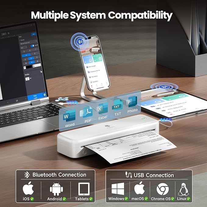 Phomemo Portable Printers Wireless for Travel [Upgraded],M834 Bluetooth Thermal Printer 8.5" x 11"& A4 Size,Inkless Mobile Printer with Carry Case for Travel,Office,School,Car,Home,White-DeskLoop Office