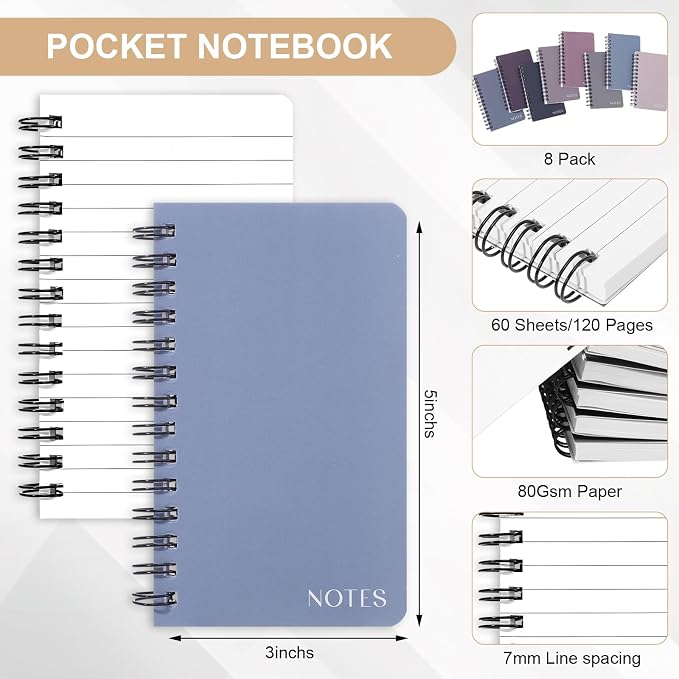 Thboxes 8 Pack Pocket Notebook, 3x5 Small Spiral Notebooks - Image 2