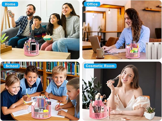 Sturdy Rotating Pen Holder, Cute Metal Pencil Holder, Large Mesh Pen Organizer for Desk, Premium Friendly Office Desk Accessories & Workspace Organizers, Pink-DeskLoop Office