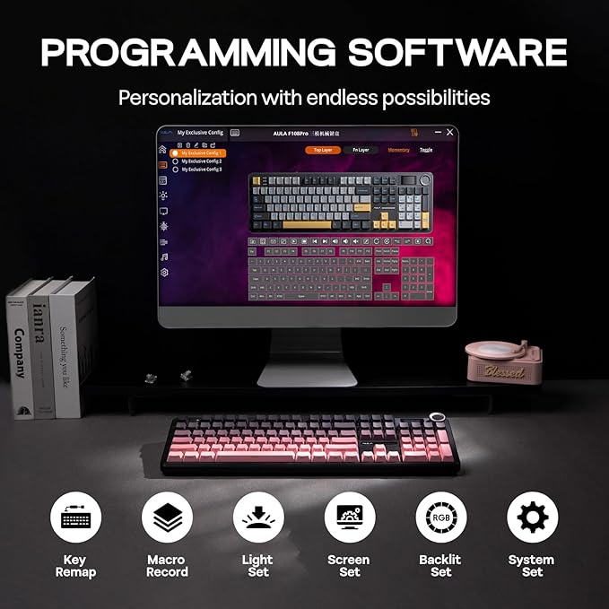 EPOMAKER X Aula F108 PRO Wireless Gaming Keyboard with Screen, 8000mAh Battery, 104 Hot-Swappable and Programmable Keys and Knob, RGB Backlight, for Mac/PC/Android (Pink Gradient)-DeskLoop Office