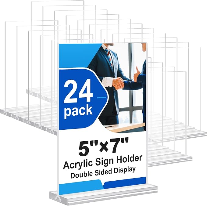 Acrylic Sign Holder 5x7 Inches 24 Pack, Double Sided Clear Display Stand Table by Unknown