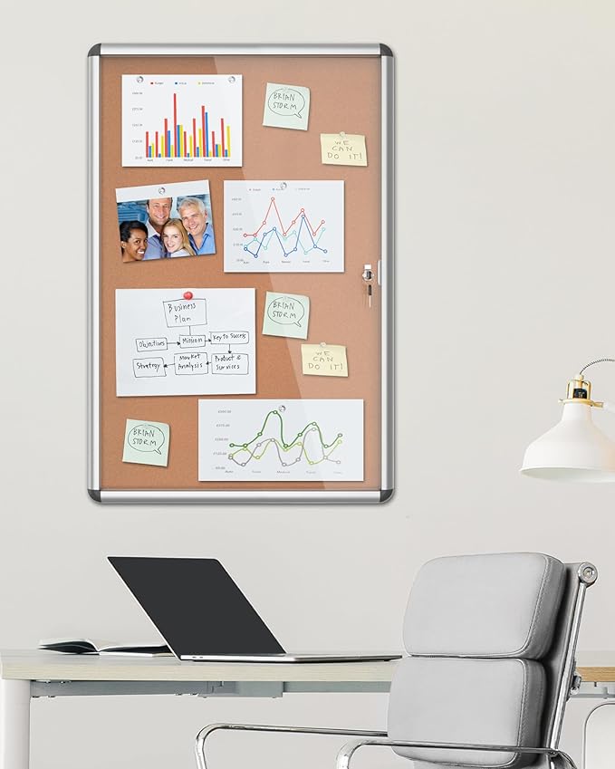 36"x24" Enclosed Bulletin Board, Lockable Weather-Resistant Aluminum Cork Noticeboard for School & Office, Silver Frame w/Cork-DeskLoop Office